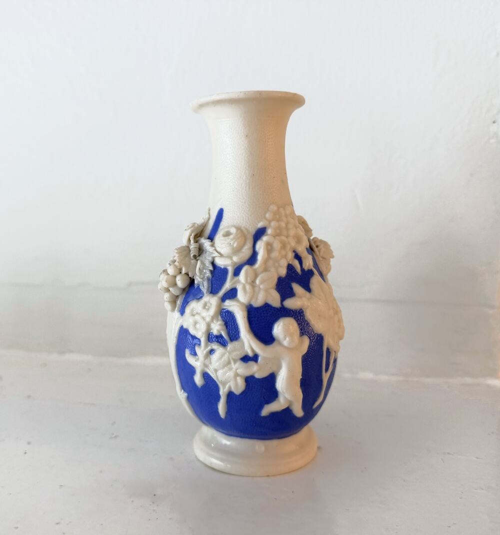 Antique Parian Ware Blue White Bud Vase Bennington Style Relief Victorian
